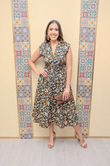 Navy Floral Front Zipper Midi Dress