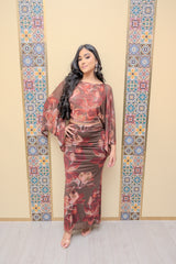 Brown Floral Mesh Skirt Set