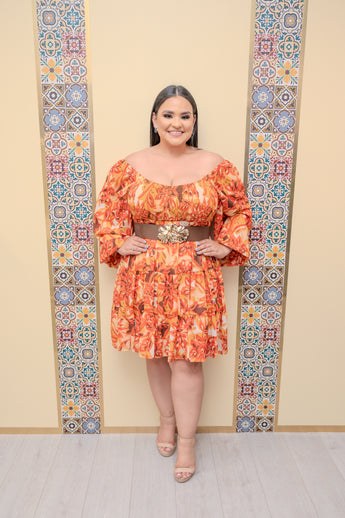 Rust Printed Long Sleeve Dress