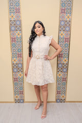 Beige Lace Belted Dress