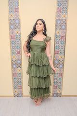 Olive Tiered Pleated Formal Dress