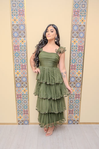 Olive Tiered Pleated Formal Dress
