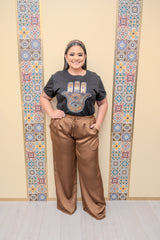 Brown Elastic Waist Satin Pants