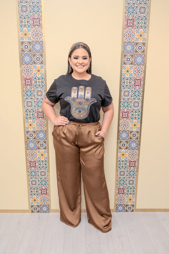 Brown Elastic Waist Satin Pants