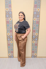 Brown Elastic Waist Satin Pants