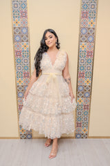 Cream Sequin Mix Ruffle Maxi Dress