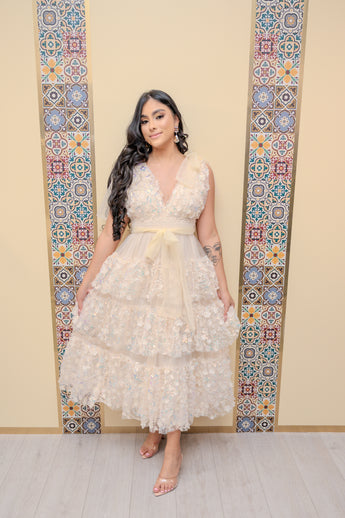 Cream Sequin Mix Ruffle Maxi Dress