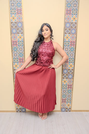 Burgundy Pleated Maxi Skirt