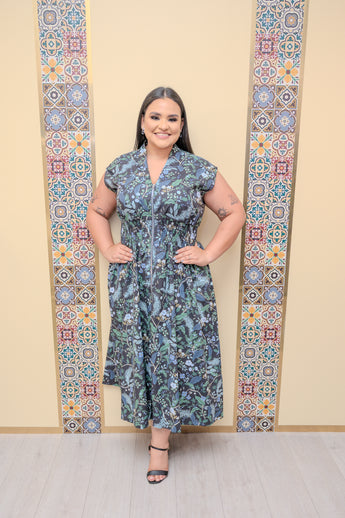 Navy/Gray Front Zipper Waist Maxi Dress