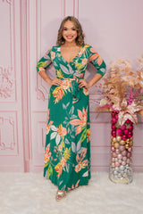 Green Floral Maxi Dress with Belt