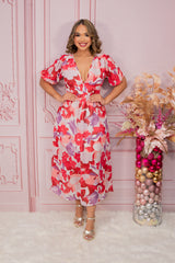 Red/Pink Floral Chiffon Maxi Dress