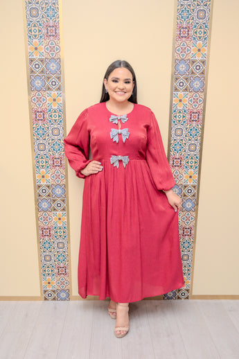 Ruby Midi Dress with Rhinestone Bow