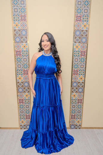 Royal Blue Pearl Pleated Maxi Dress