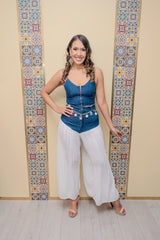 Denim Top and Pleated Pants Set