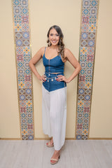 Denim Top and Pleated Pants Set