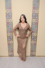 Beige Knit Sequin Midi Dress