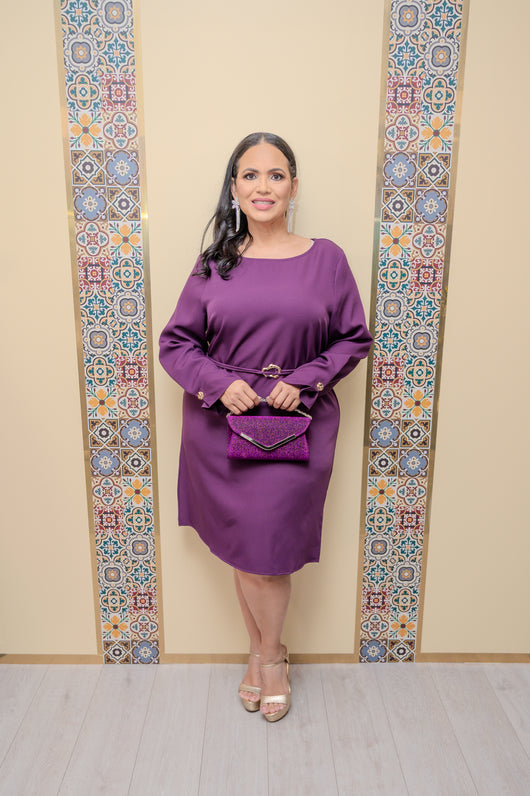 Plum Long Sleeve Belted Dress