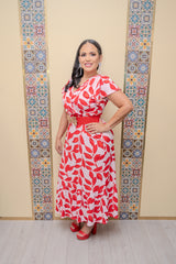 Pink/Red Leaf Surplice Maxi Dress