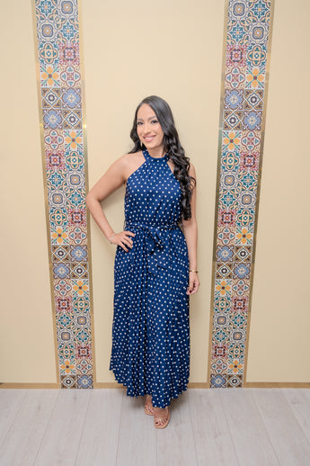 Navy Dots Dots Halter Maxi Dress