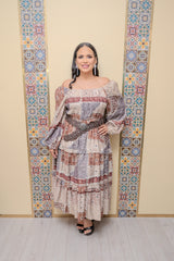 Brown/Taupe Floral Midi Dress