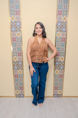 Brown/Silver Stone Fringe Top
