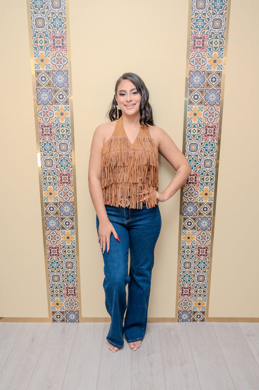 Brown/Silver Stone Fringe Top
