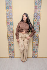 Brown Embroidery Top and Pant Set