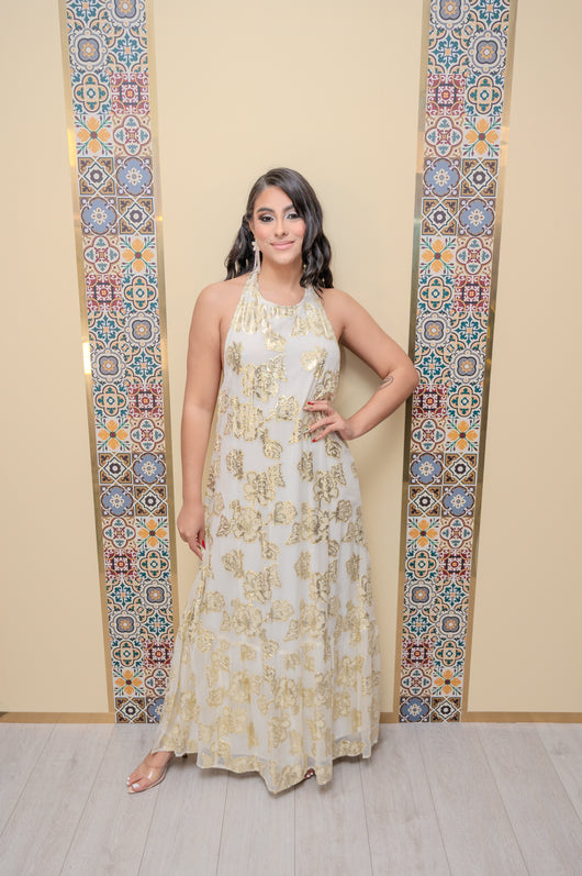 White Gold Halter Neck Dress