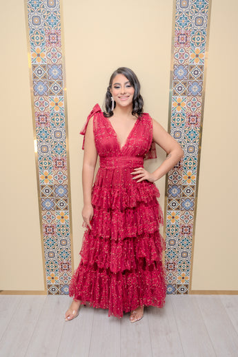 Wine Ruffle Pearl Maxi Dress