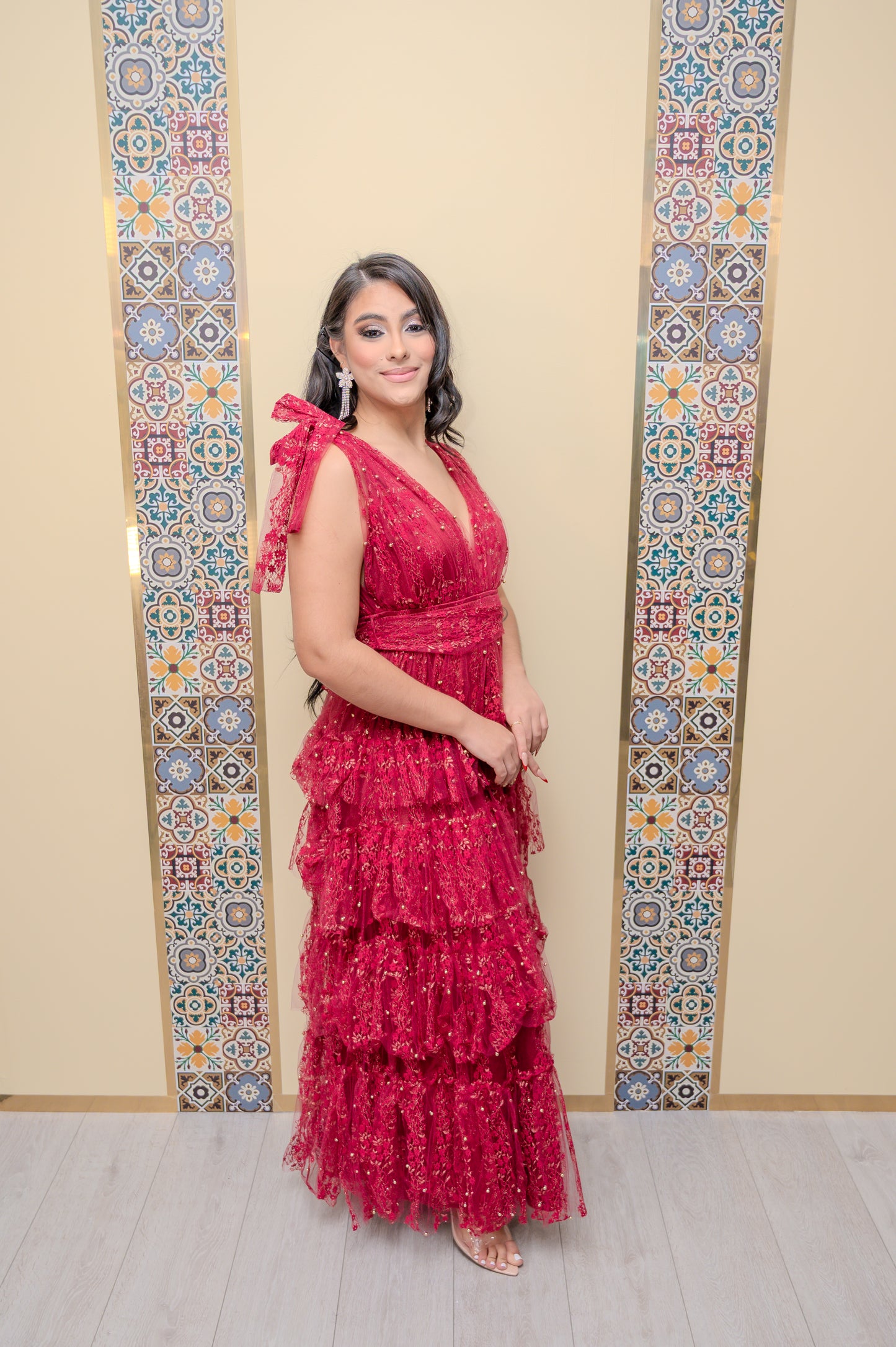 Wine Ruffle Pearl Maxi Dress