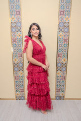 Wine Ruffle Pearl Maxi Dress