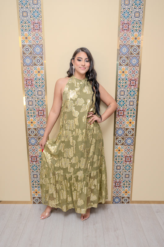 Olive Gold Halter Neck Dress