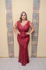 Ruby Sequin Cap Sleeve Beads Gown