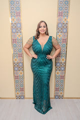 Emerald Sequin Sleeve Beads Gown