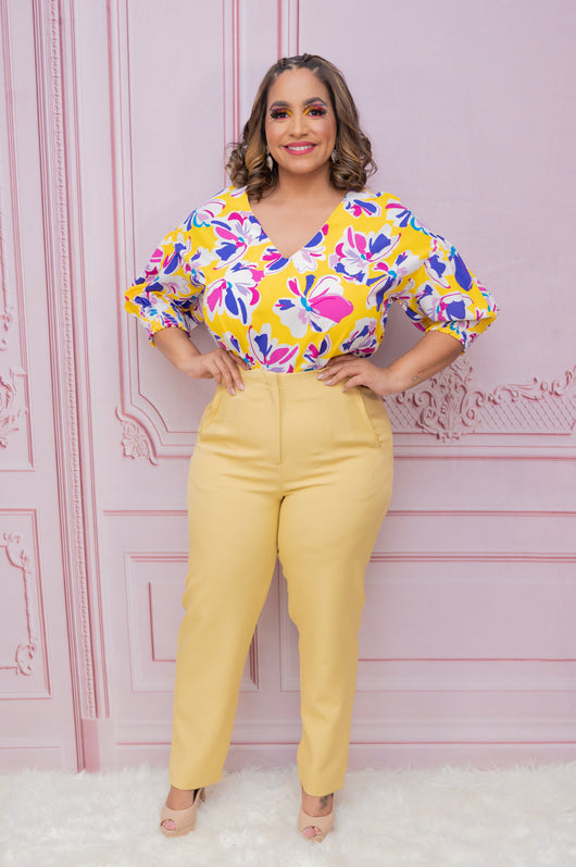 Yellow Floral Back Ties Short Sleeve Blouse