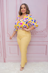 Yellow Floral Back Ties Short Sleeve Blouse