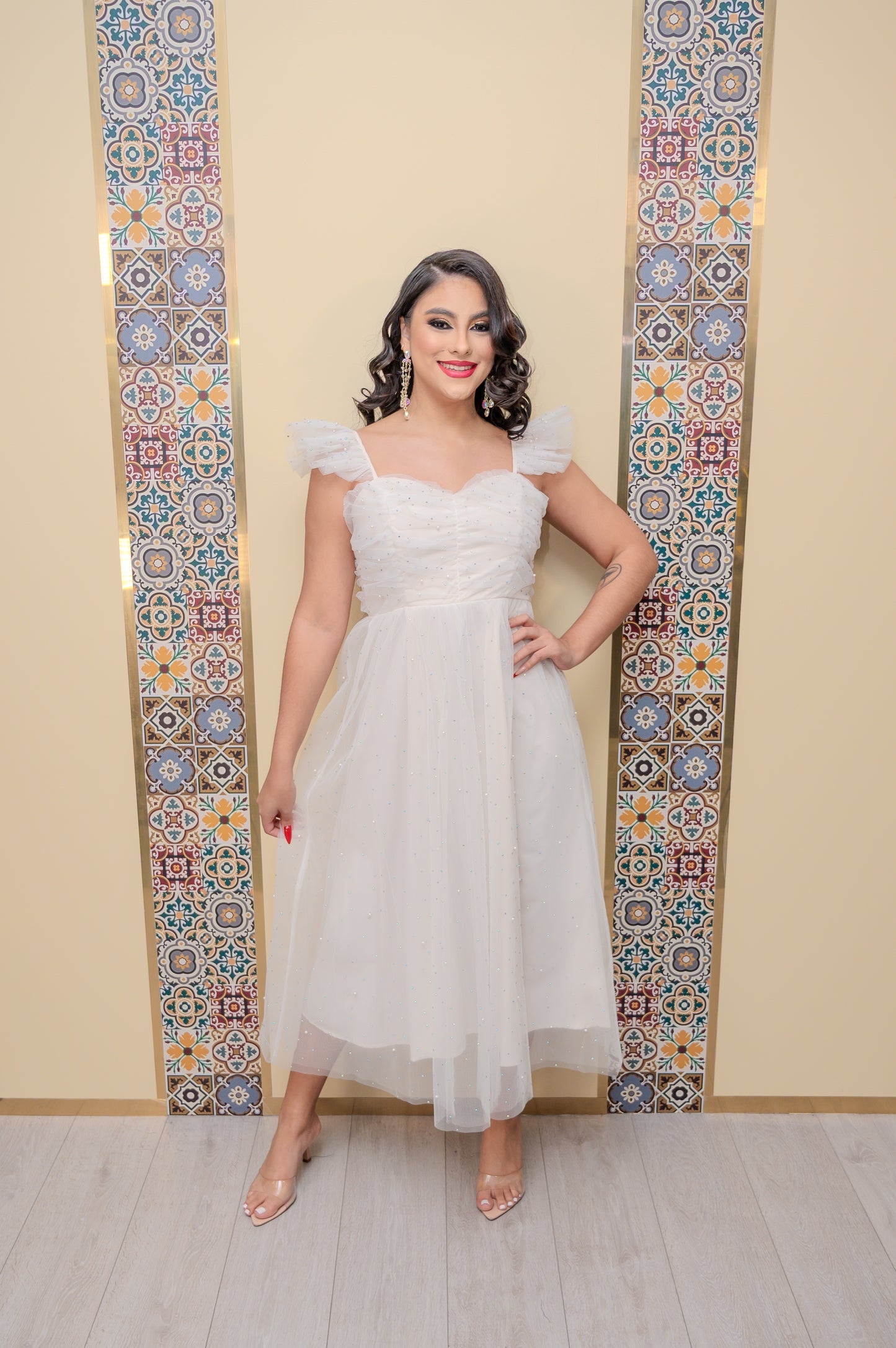 White Rhinestone Midi Dress