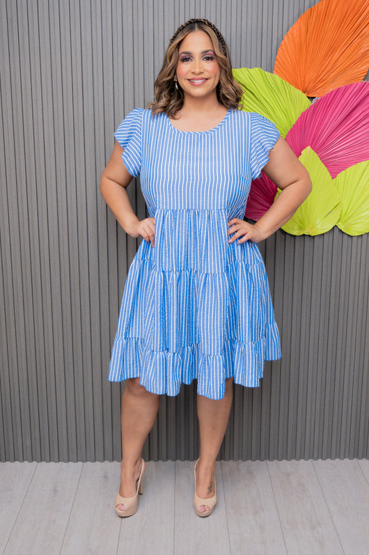 Denim Blue/Stripes Ruffle Dress