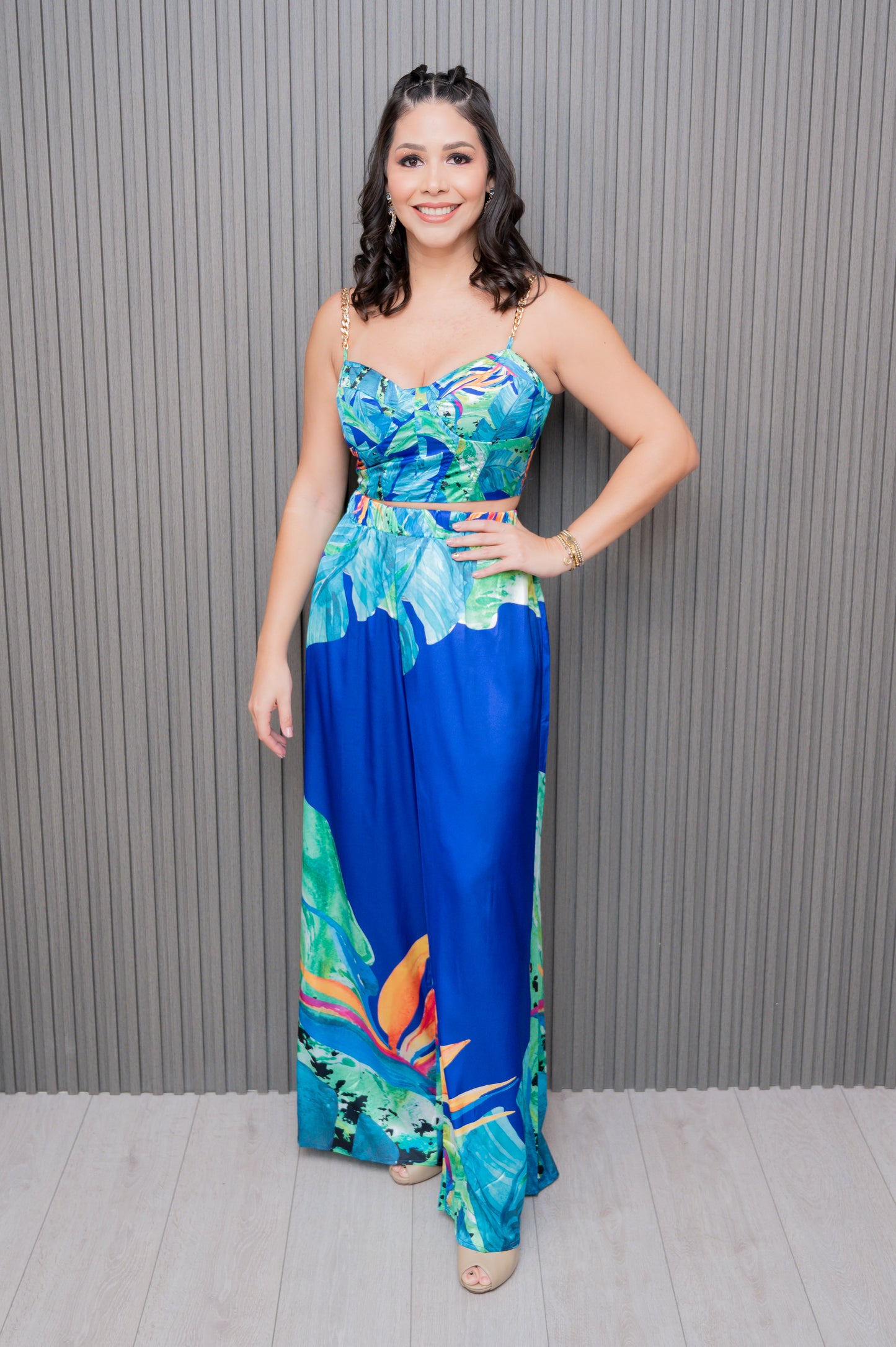 Royal Blue Satin Tropical Crop Top and Pant Set