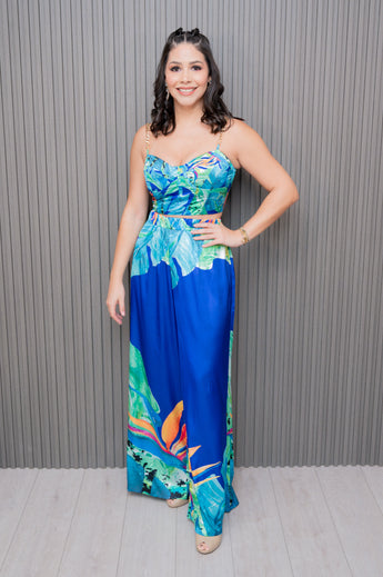 Royal Blue Satin Tropical Crop Top and Pant Set