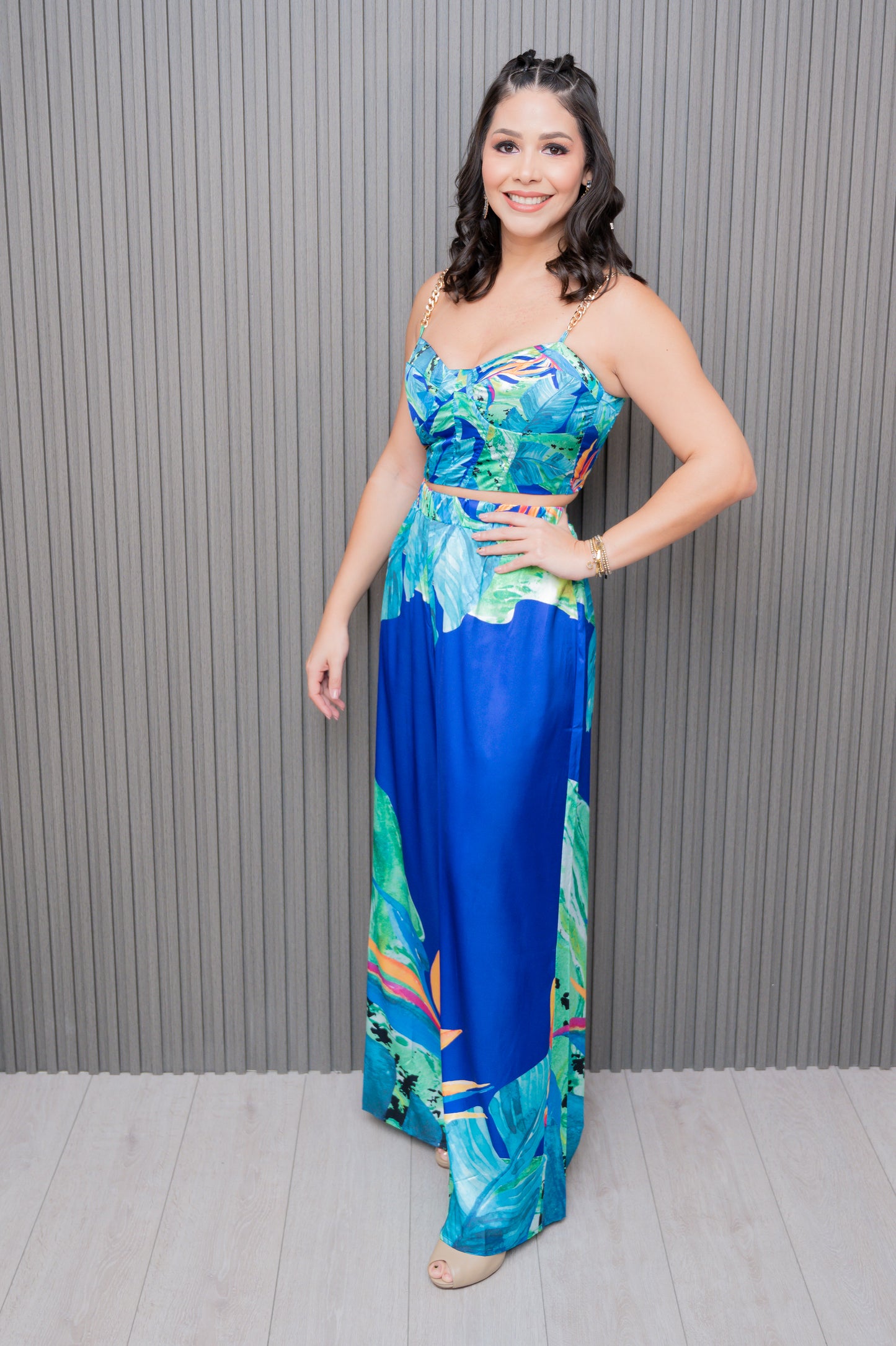 Royal Blue Satin Tropical Crop Top and Pant Set