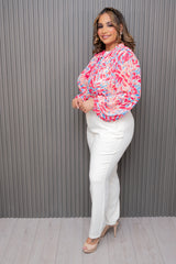 Fuchsia/Blue Long Sleeve Blouse with Neck Tie