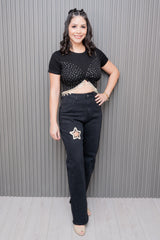 Black Stars Rhinestone Patches Wide Leg Jeans