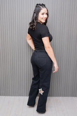 Black Stars Rhinestone Patches Wide Leg Jeans