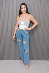 Rhinestone with Heart Cutout Denim Jeans