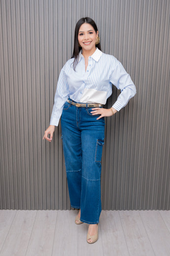 Sky Stripes Color block Button Down Blouse