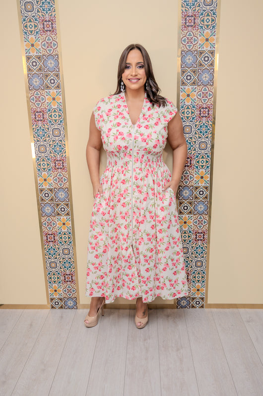 Red Floral Front Zipper Dress