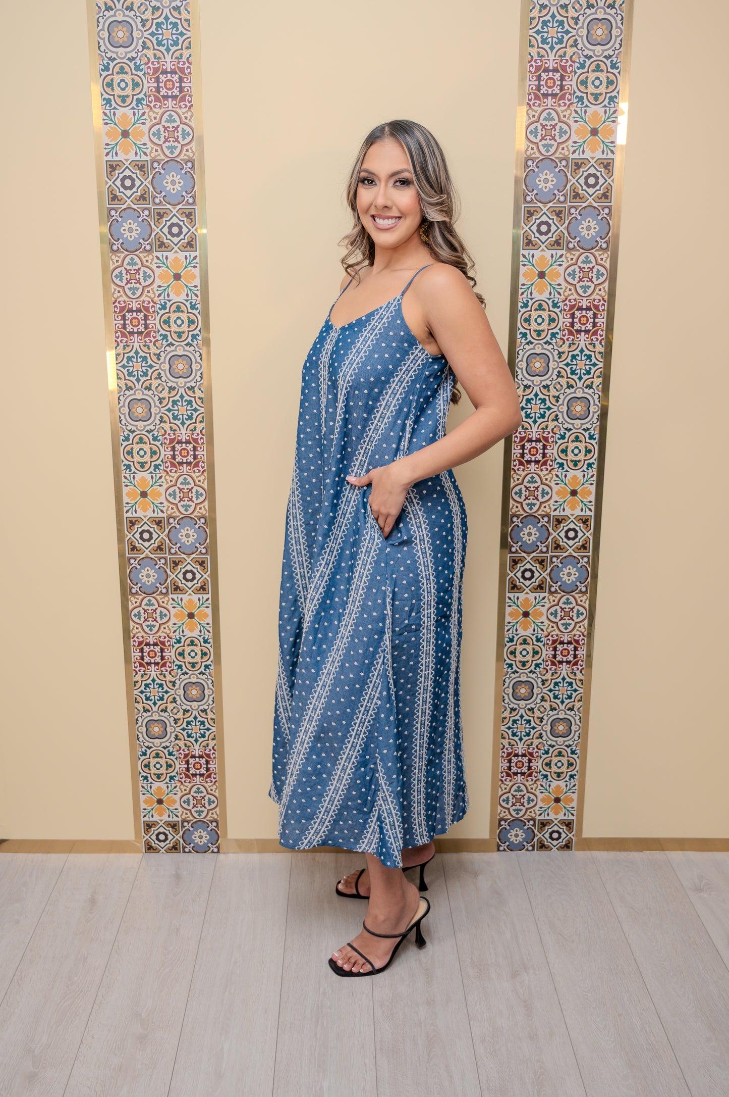 Denim Embroidered Midi Dress