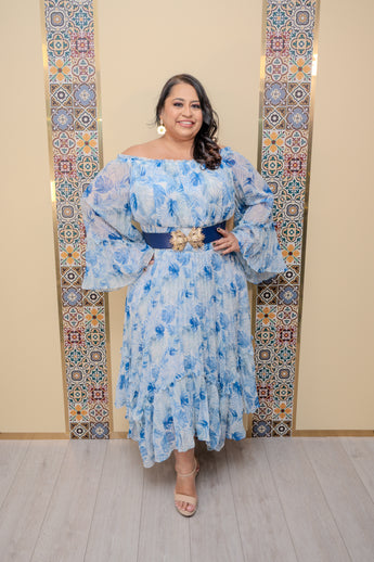 Ivory/Blue Off Shoulder Maxi Dress