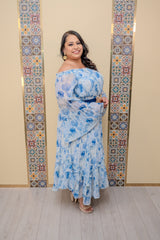 Ivory/Blue Off Shoulder Maxi Dress